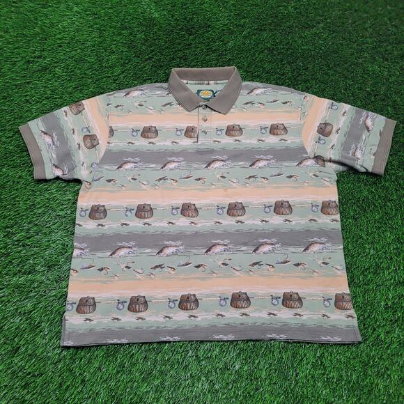 VTG 90s Cabelas Fishing AOP Polo Shirt Mens XXL (Tagged XL) Boxy Fit - Picture 1 of 8